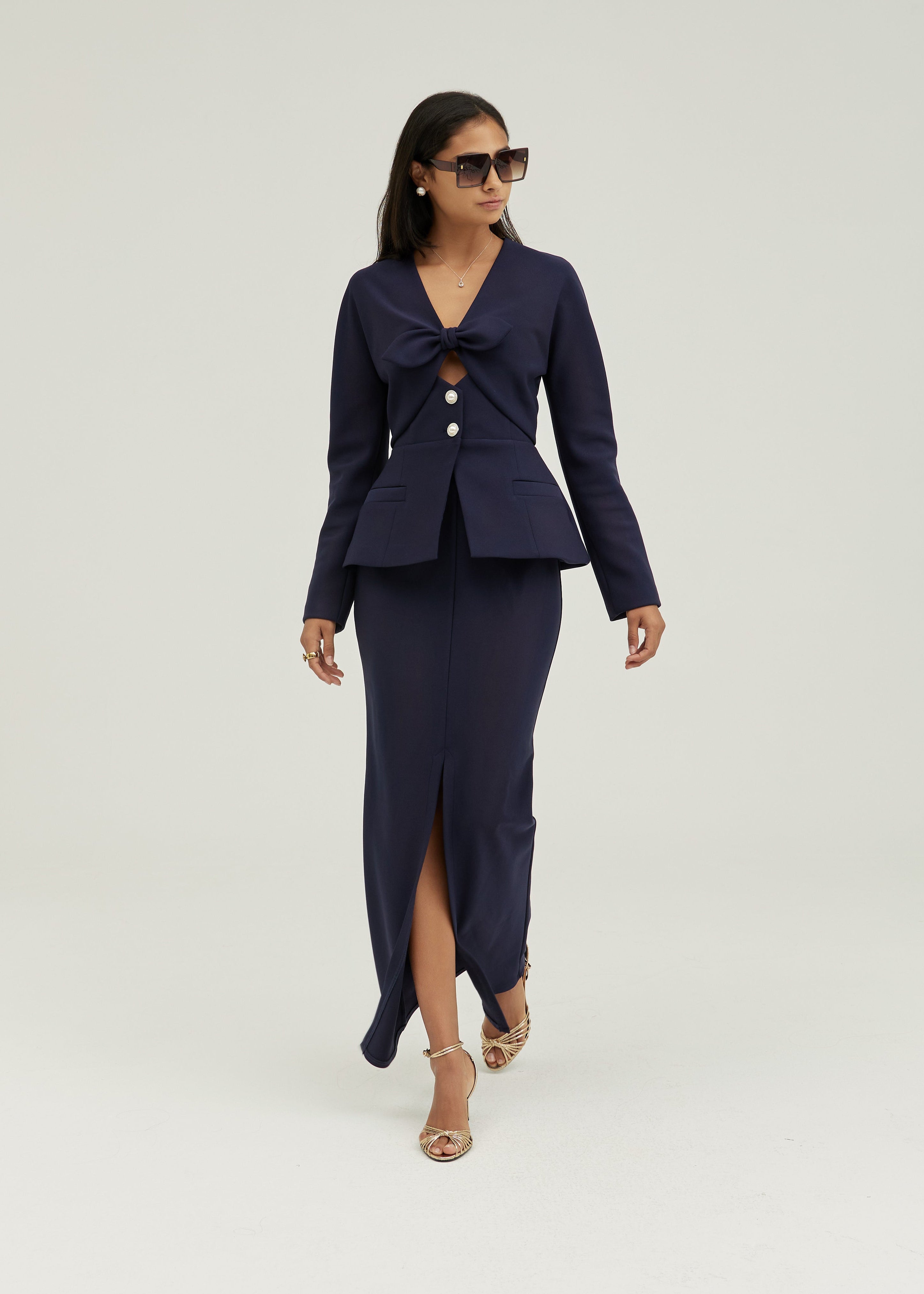 Pia Bow Detail Tailored Peplum Jacket | Navy – VITA GRACE