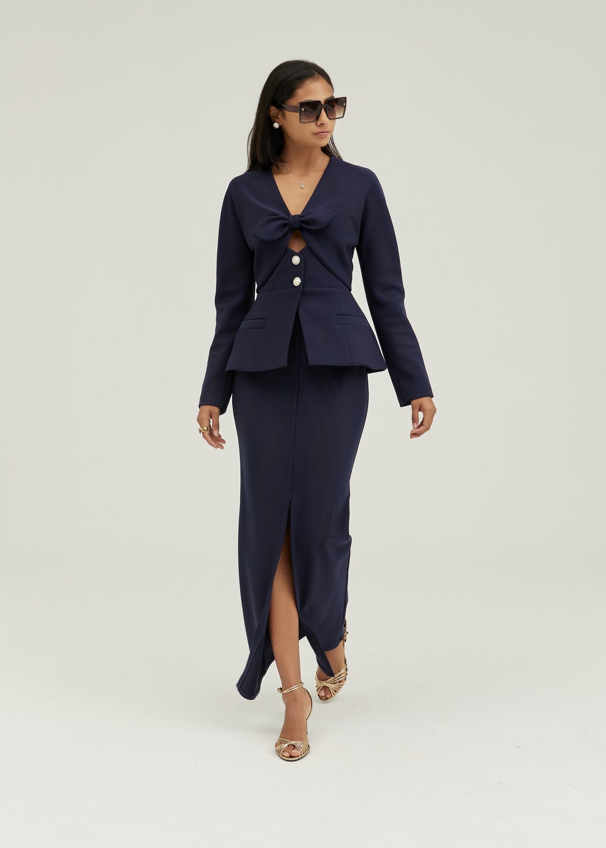 Pia Bow Detail Tailored Peplum Jacket | Navy
