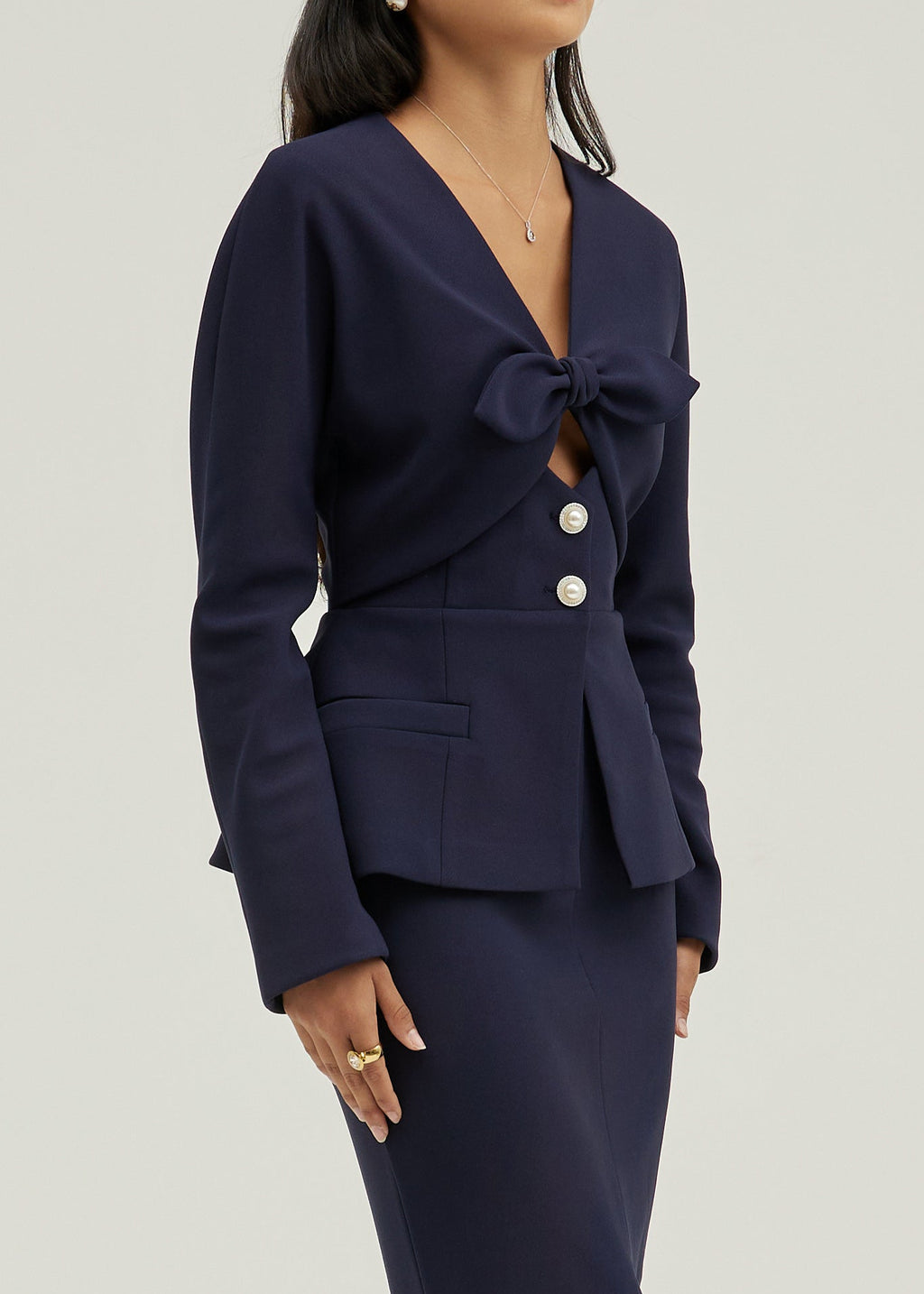 Pia Bow Detail Tailored Peplum Jacket | Navy