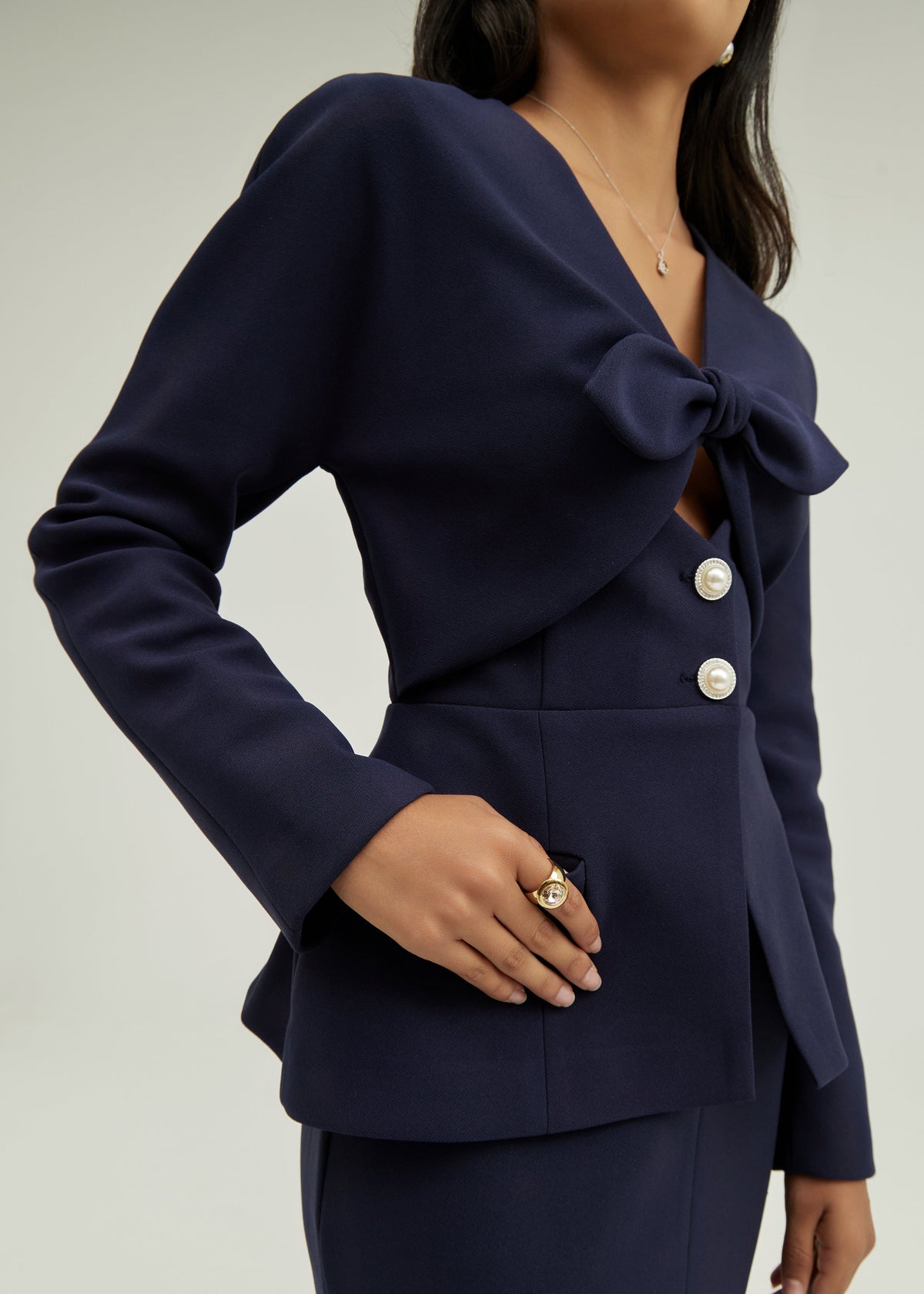 Pia Bow Detail Tailored Peplum Jacket | Navy