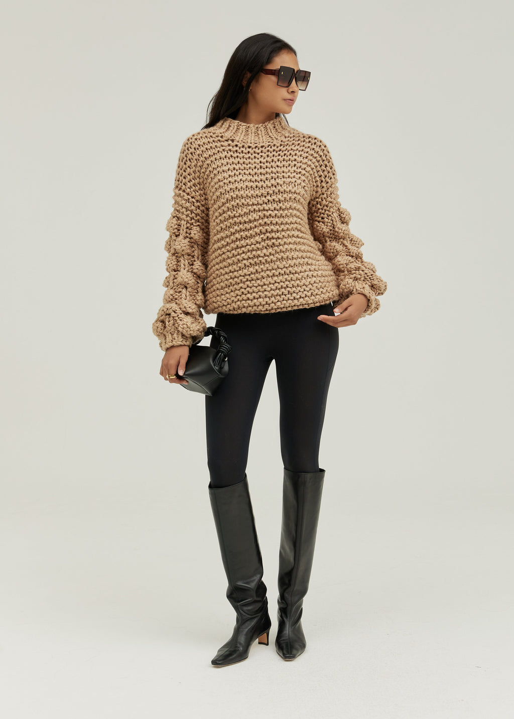 Celeste High Neck Knitted Detail Sweater | Almond Taupe