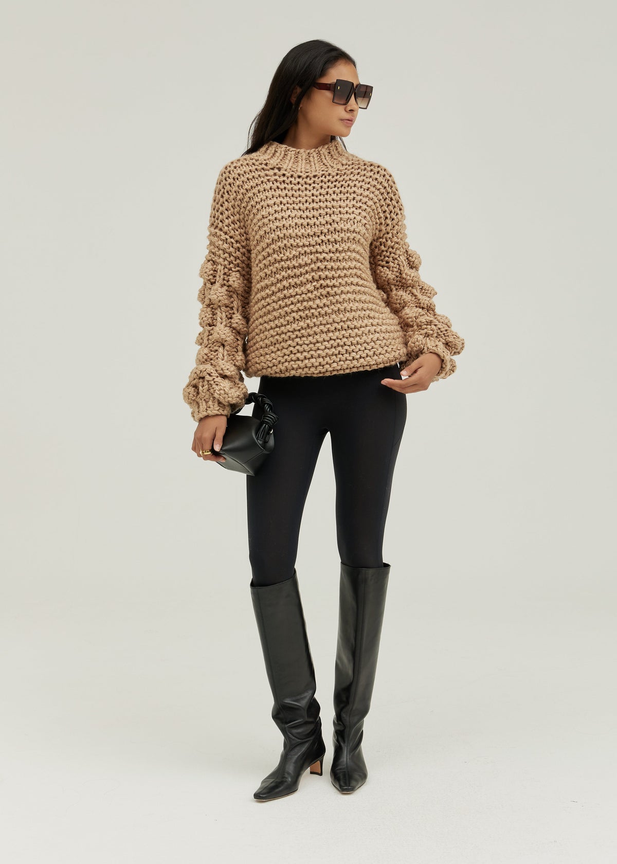 Celeste High Neck Knitted Detail Sweater | Almond Taupe