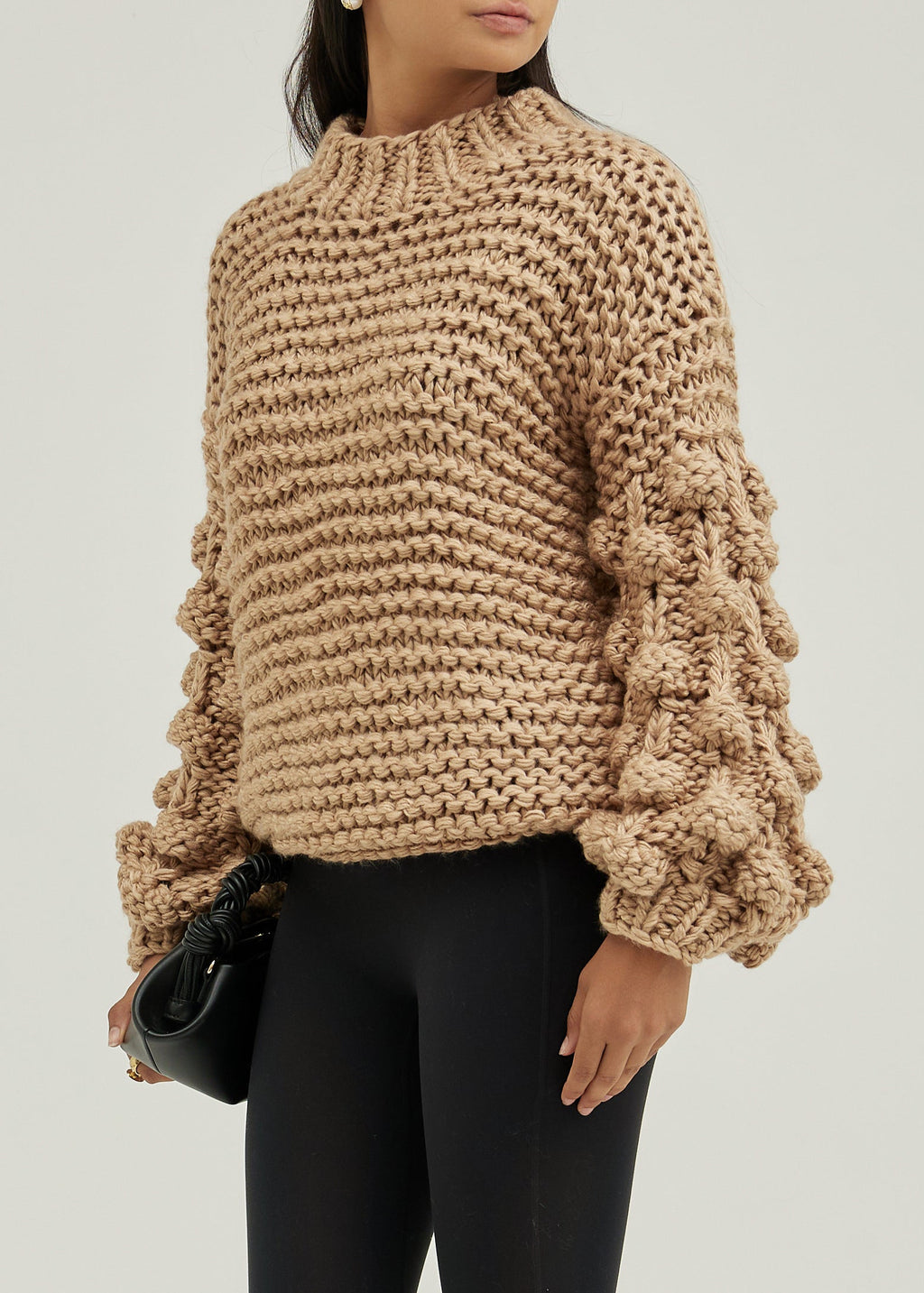 Celeste High Neck Knitted Detail Sweater | Almond Taupe
