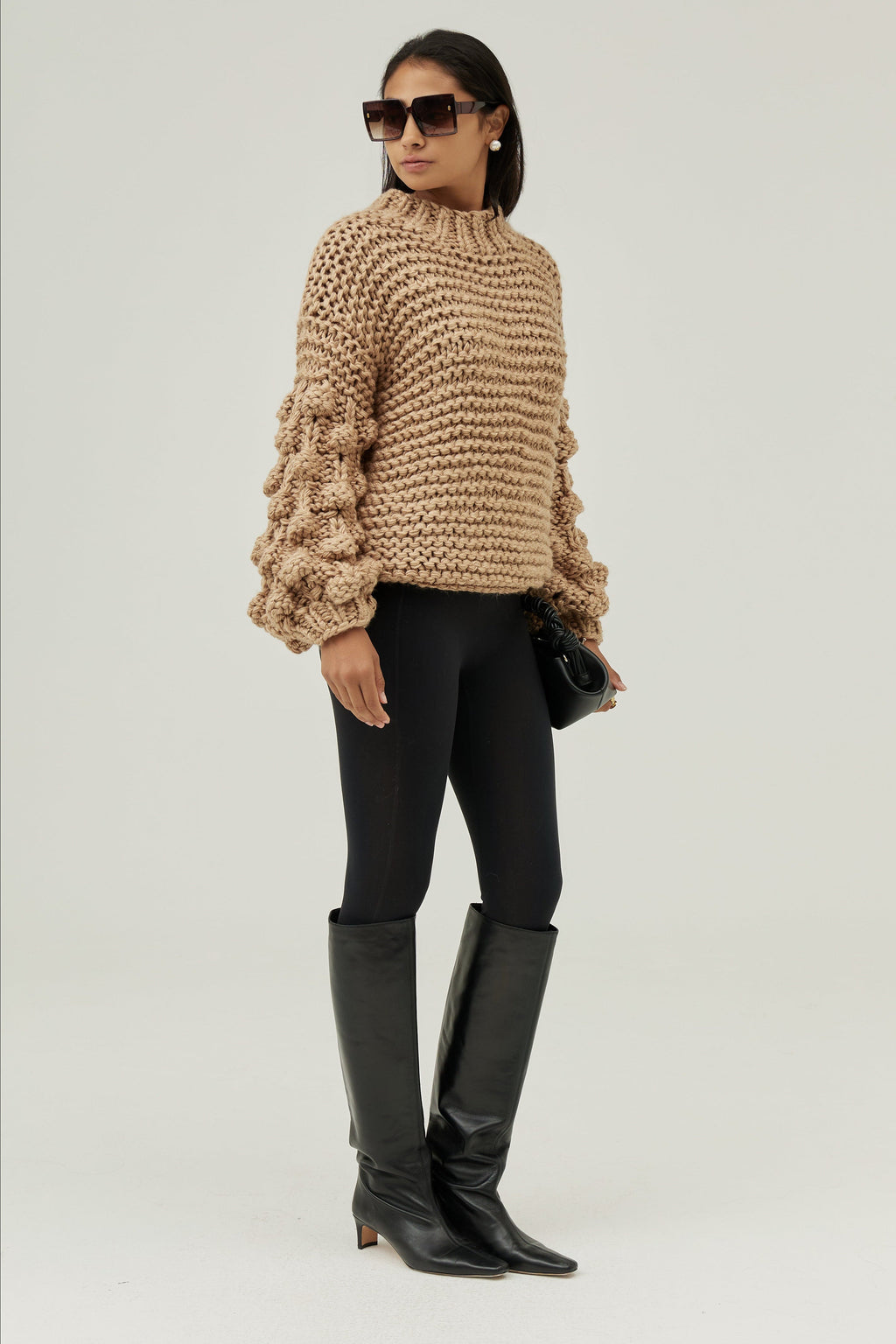 Celeste High Neck Knitted Detail Sweater | Almond Taupe