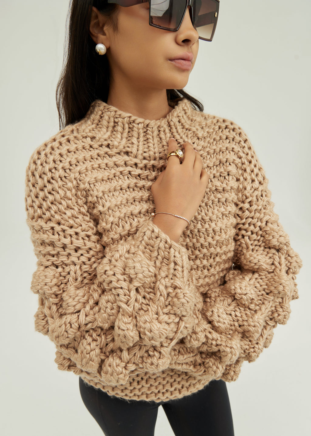 Celeste High Neck Knitted Detail Sweater | Almond Taupe