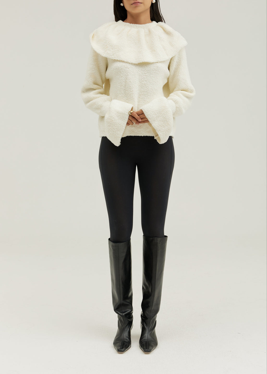 Nevaeh Cape Detail Frill Sleeve Soft Knit Sweater | Ivory