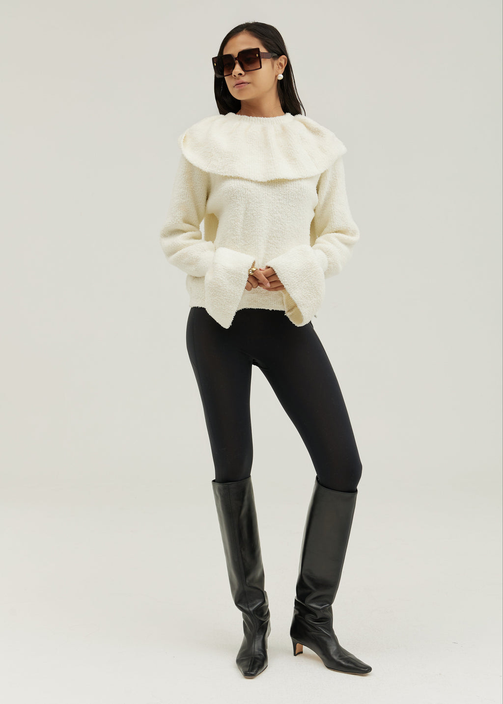 Nevaeh Cape Detail Frill Sleeve Soft Knit Sweater | Ivory