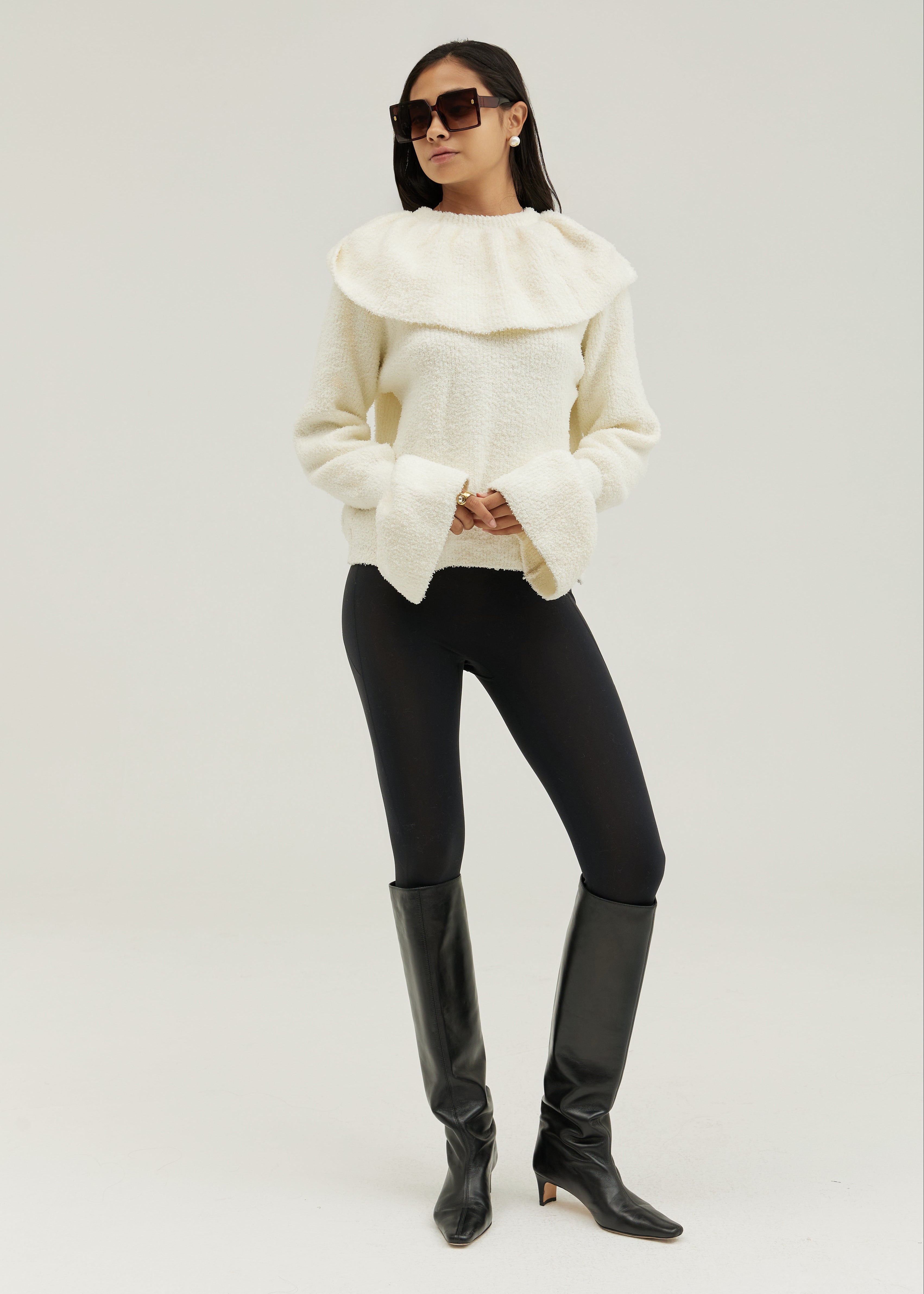 Nevaeh Cape Detail Frill Sleeve Soft Knit Sweater | Ivory