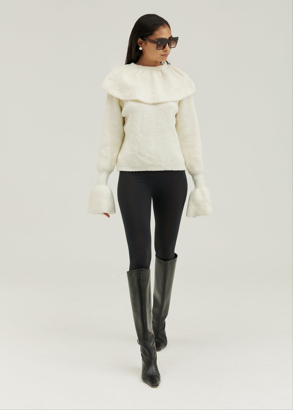 Nevaeh Cape Detail Frill Sleeve Soft Knit Sweater | Ivory