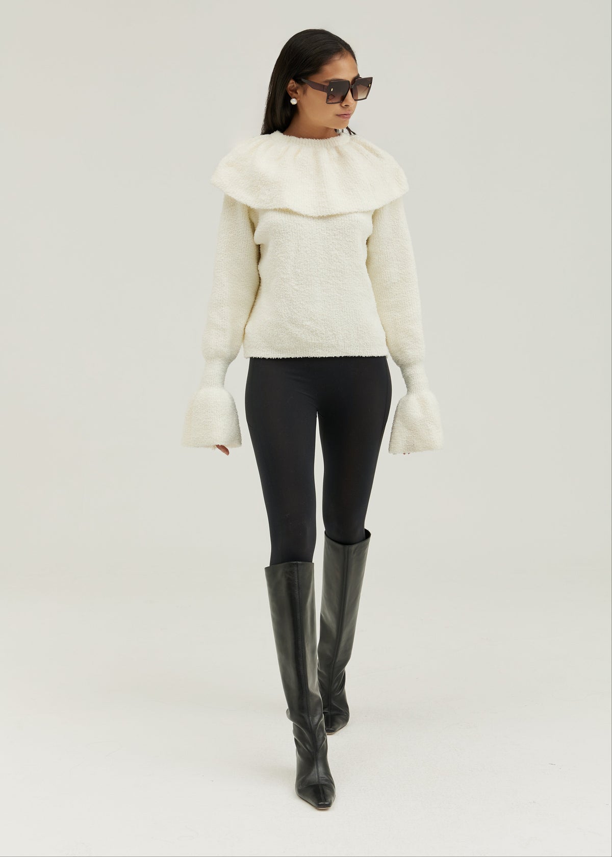 Nevaeh Cape Detail Frill Sleeve Soft Knit Sweater | Ivory
