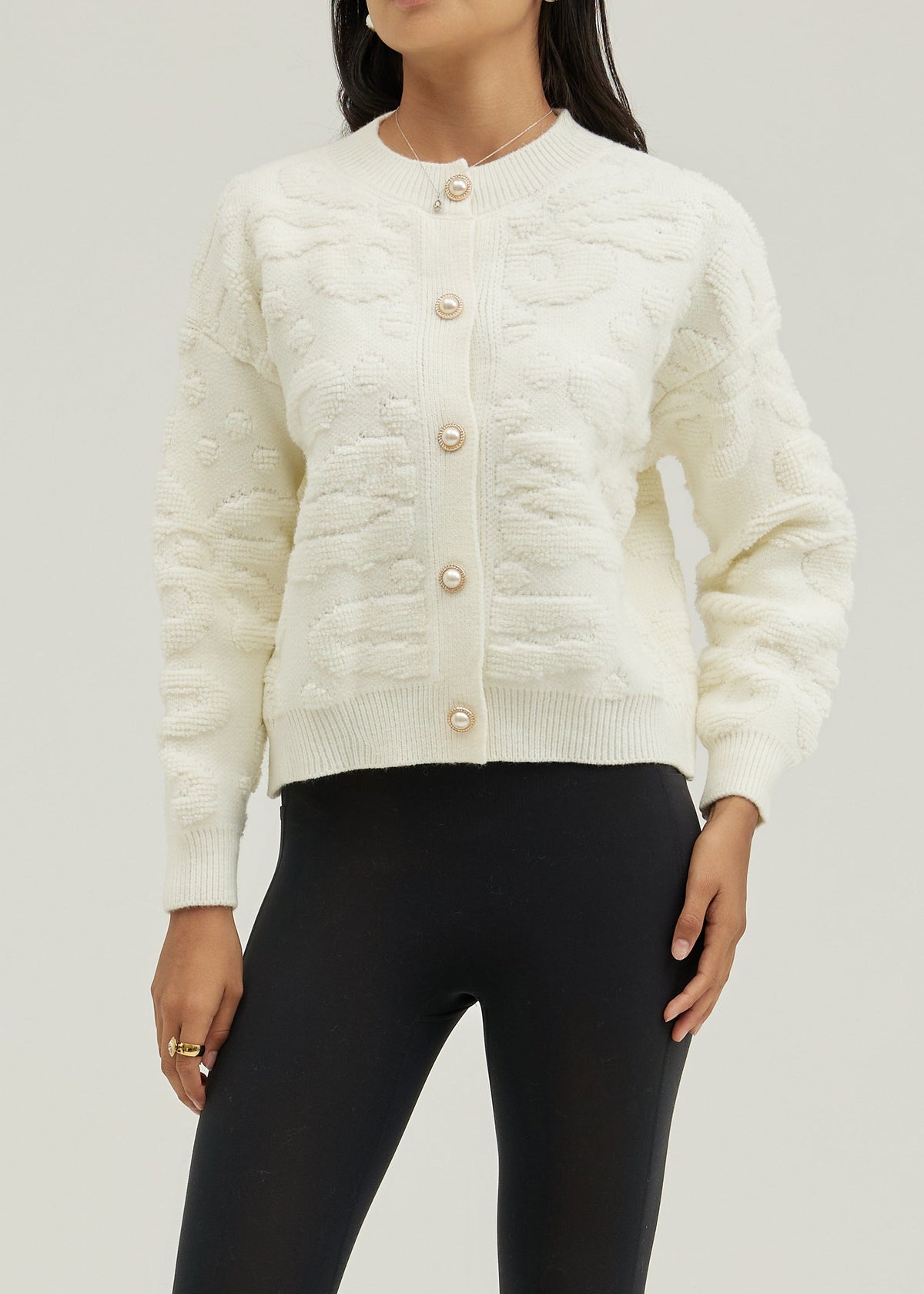 Lora Pearl Button Floral Detail Cardigan | Ivory