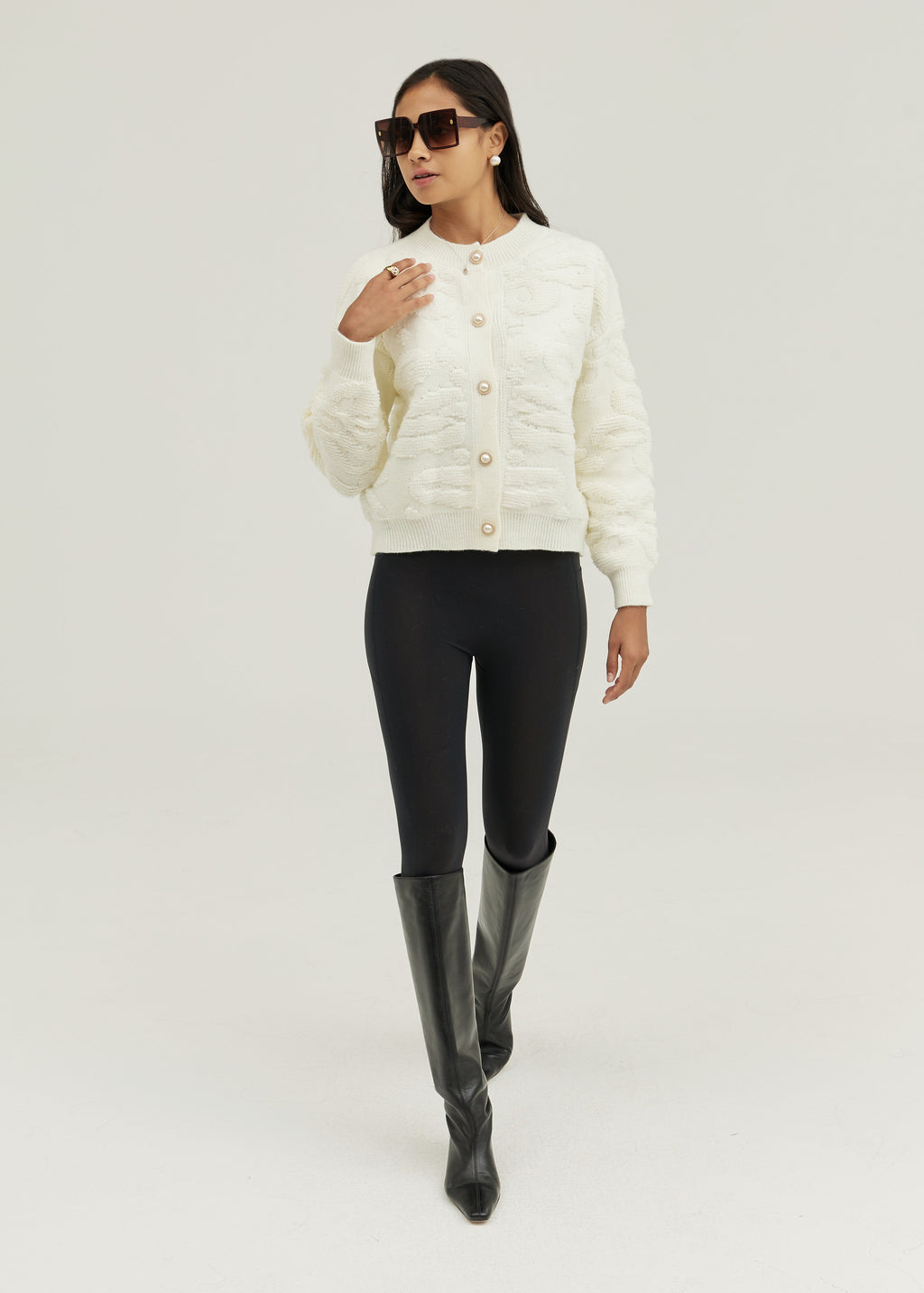 Lora Pearl Button Floral Detail Cardigan | Ivory