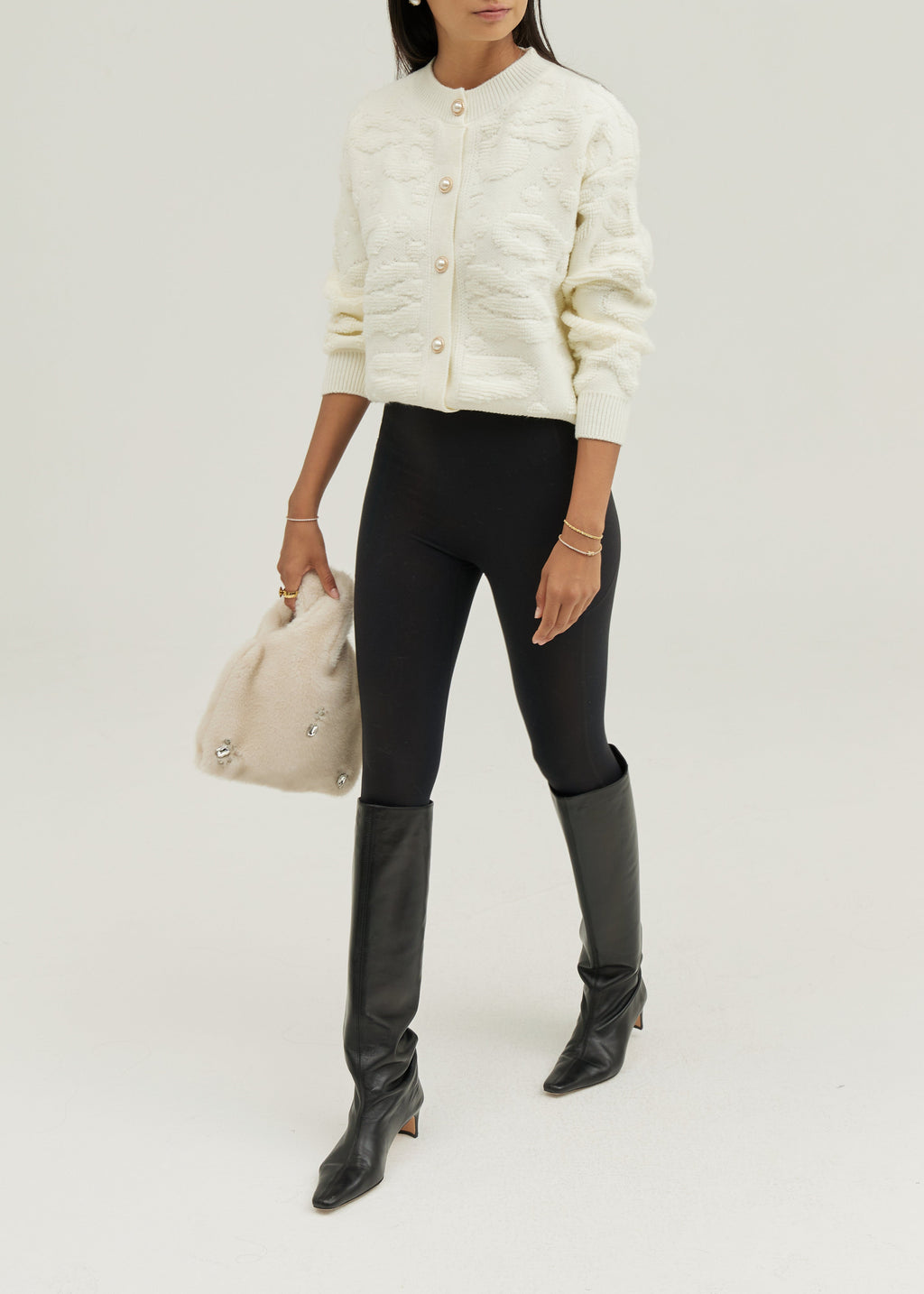 Lora Pearl Button Floral Detail Cardigan | Ivory