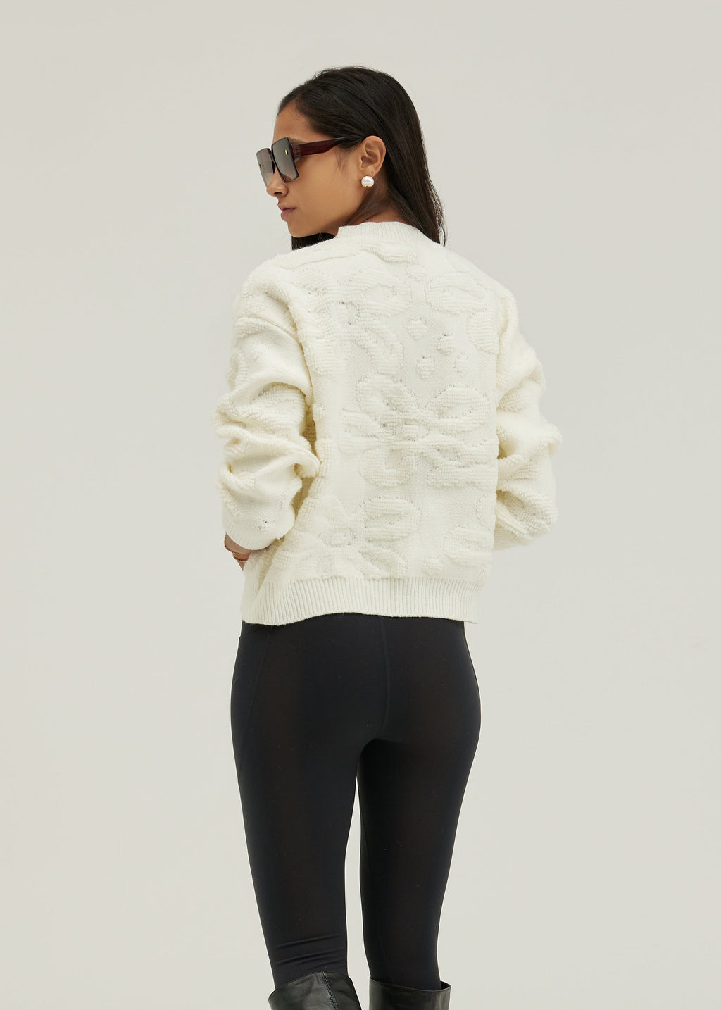 Lora Pearl Button Floral Detail Cardigan | Ivory