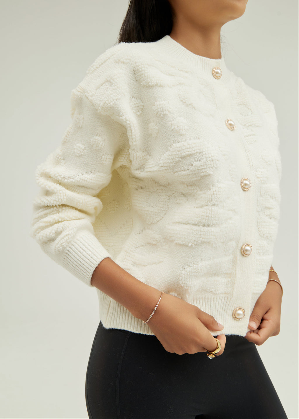 Lora Pearl Button Floral Detail Cardigan | Ivory