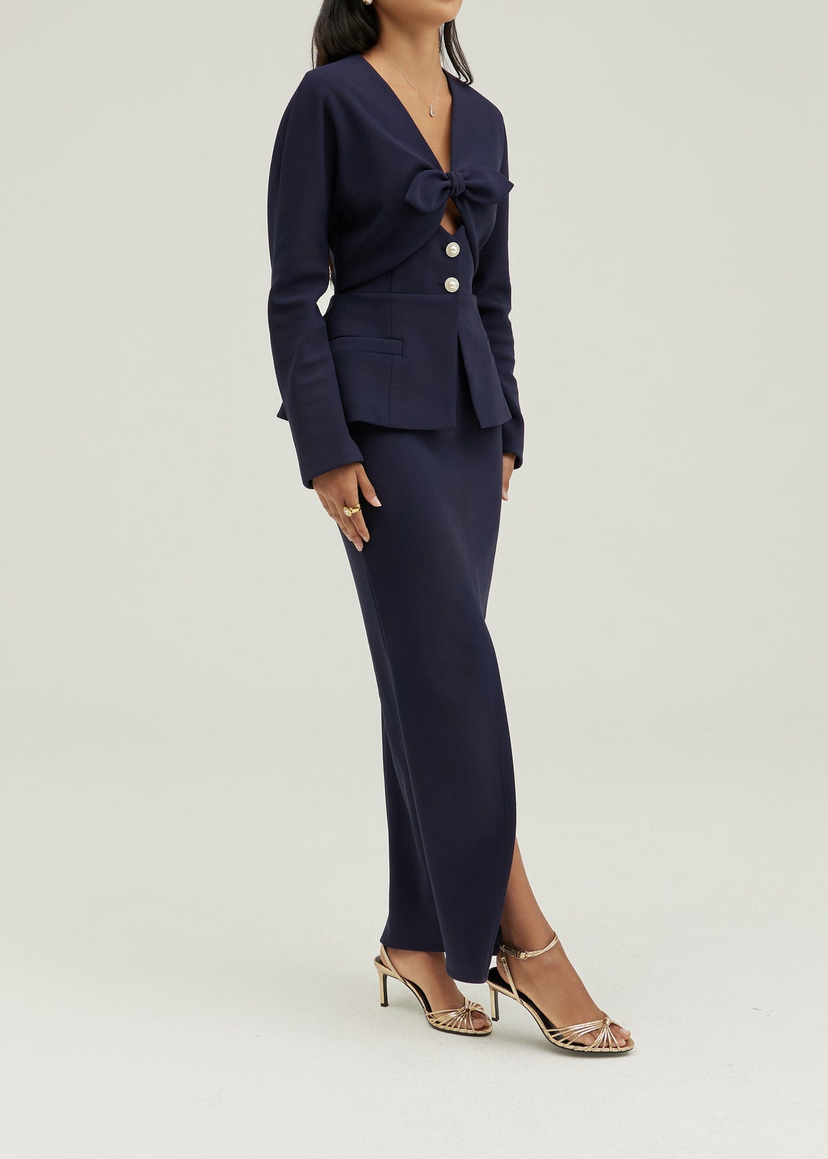 Pia Tailored Pencil Front Split Maxi Skirt | Navy