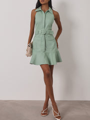 Zena Fit & Flare Belted Denim Dress | Pistachio