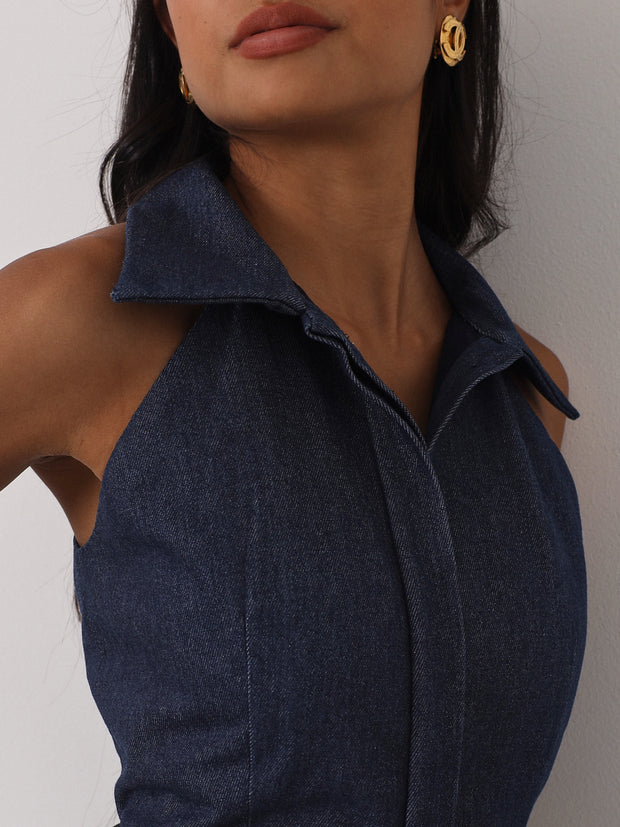 Zena Fit & Flare Belted Denim Dress | Denim Blue