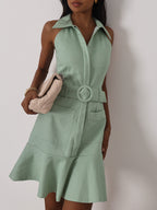 Zena Fit & Flare Belted Denim Dress | Pistachio