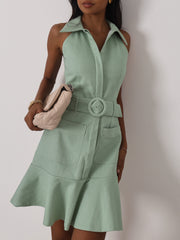 Zena Fit & Flare Belted Denim Dress | Pistachio