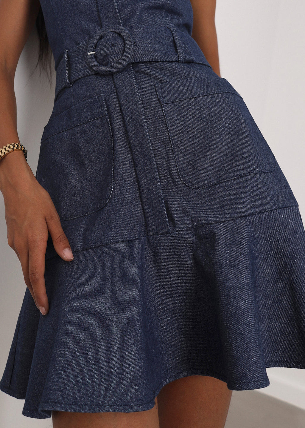 Zena Fit & Flare Belted Denim Dress | Denim Blue
