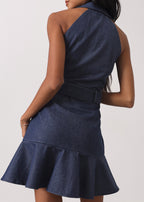 Zena Fit & Flare Belted Denim Dress | Denim Blue