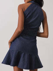 Zena Fit & Flare Belted Denim Dress | Denim Blue