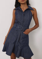 Zena Fit & Flare Belted Denim Dress | Denim Blue