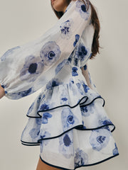 Lorelle Floral Tiered Dress | White/Navy