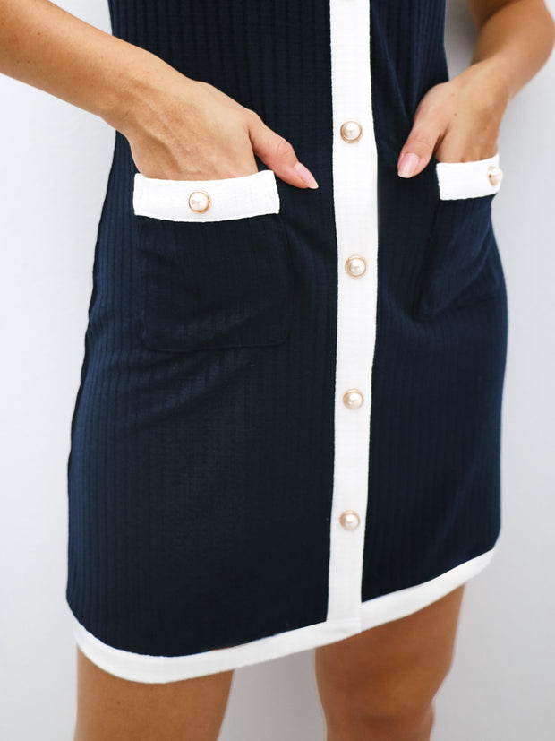 Amalia Timeless Button Through Day Dress | Navy/White