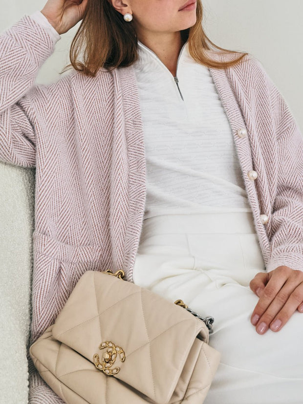 Arabelle Chevron Cosy Cardigan | Pink/White