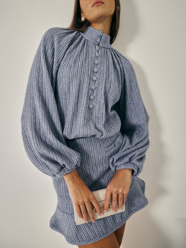 Aspen Volume Sleeve Knitted Sweater | Smoke Blue