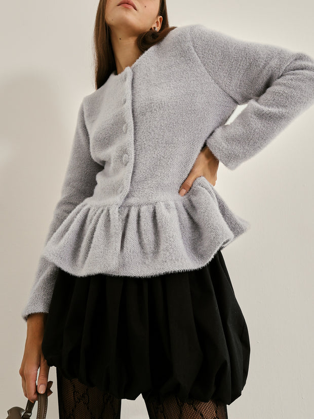 Aurora Peplum Soft Knit Cardigan | Pearl Grey