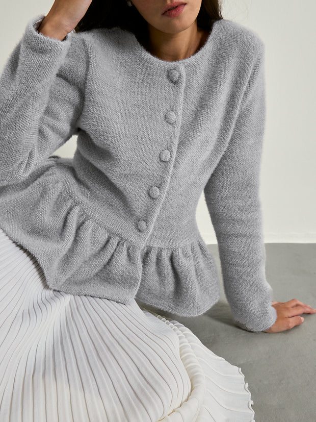 Aurora Peplum Soft Knit Cardigan | Pearl Grey