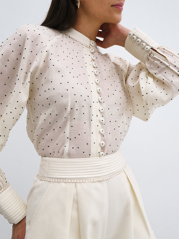 Aviva Polka Dot Blouse With Trim | Cream/Black