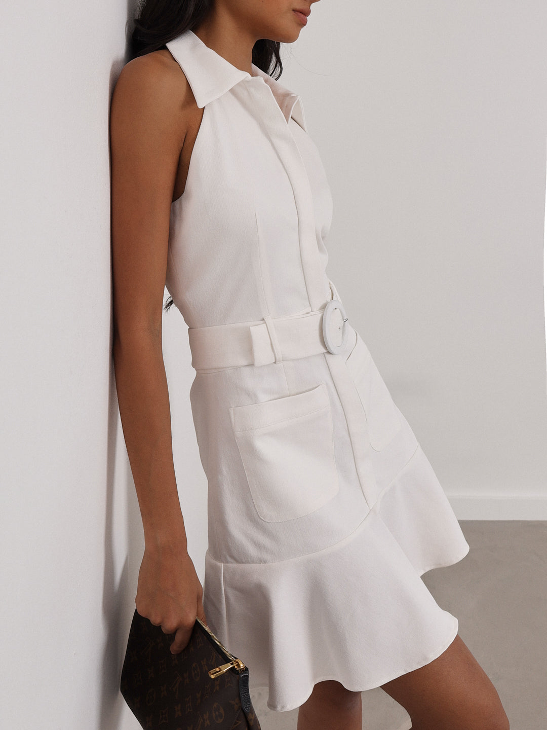 Zena Fit & Flare Belted Denim Dress | White