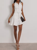 Zena Fit & Flare Belted Denim Dress | White