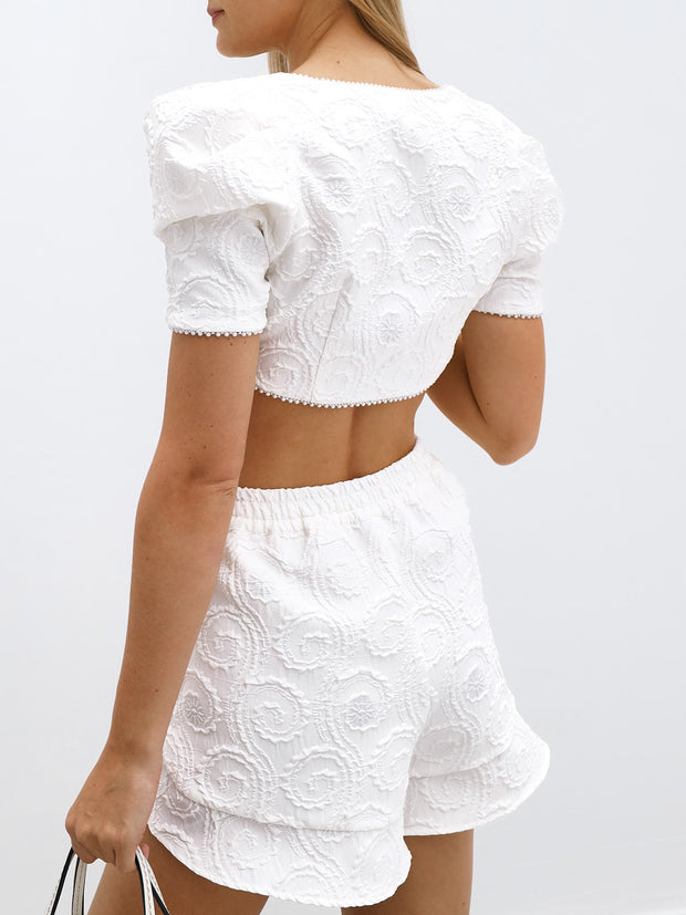 Brigitte Jacquard Sun Top With Puff Sleeves | Ivory Luxe