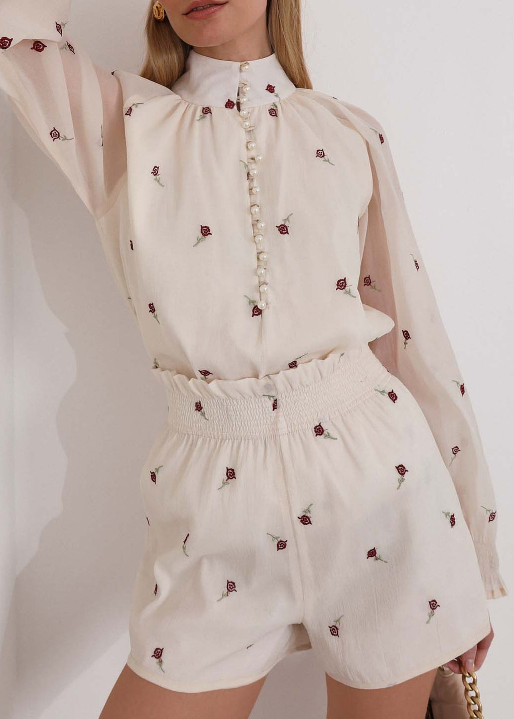 Calista Embroidered Shirred Waist Shorts | Cream Rose