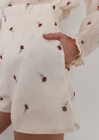 Calista Embroidered Shirred Waist Shorts | Cream Rose