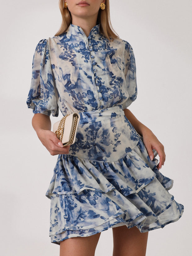 Carmine Print Frill Dress | Blue Mix