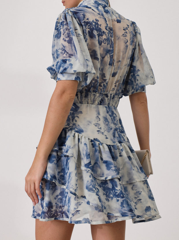 Carmine Print Frill Dress | Blue Mix