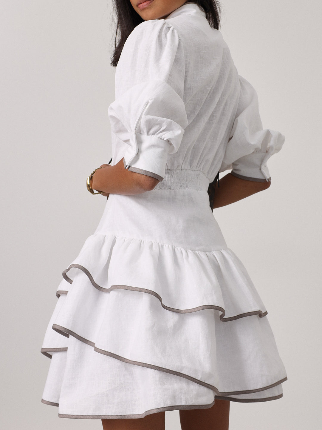 Cassidy Luxe Frill Dress | White/Taupe