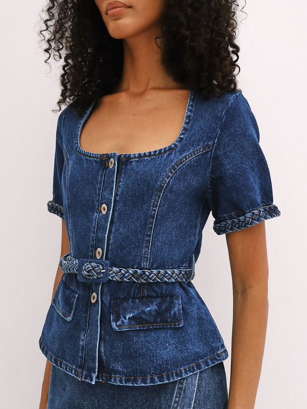 Charlie Denim Braided Trim Top | Denim Blue