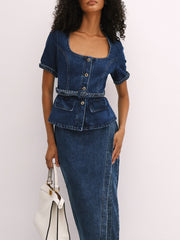 Charlie Denim Braided Trim Top | Denim Blue