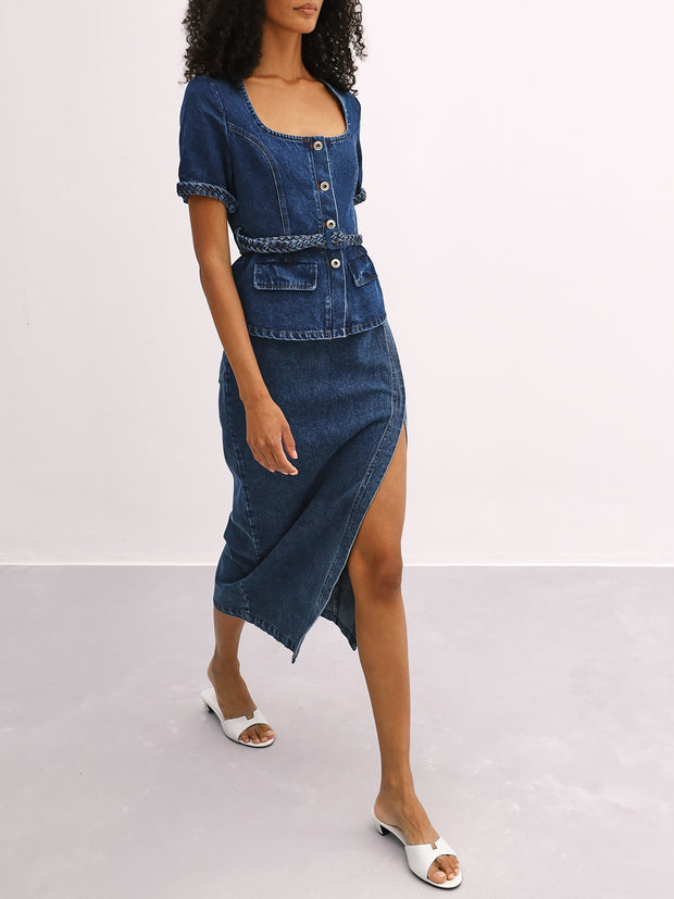 Charlie Denim Braided Trim Top | Denim Blue