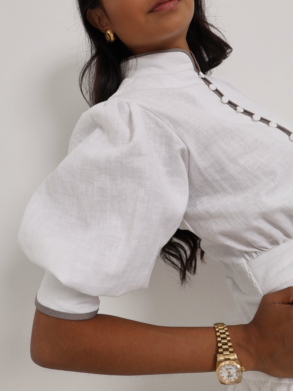 Cassidy Luxe Frill Dress | White/Taupe