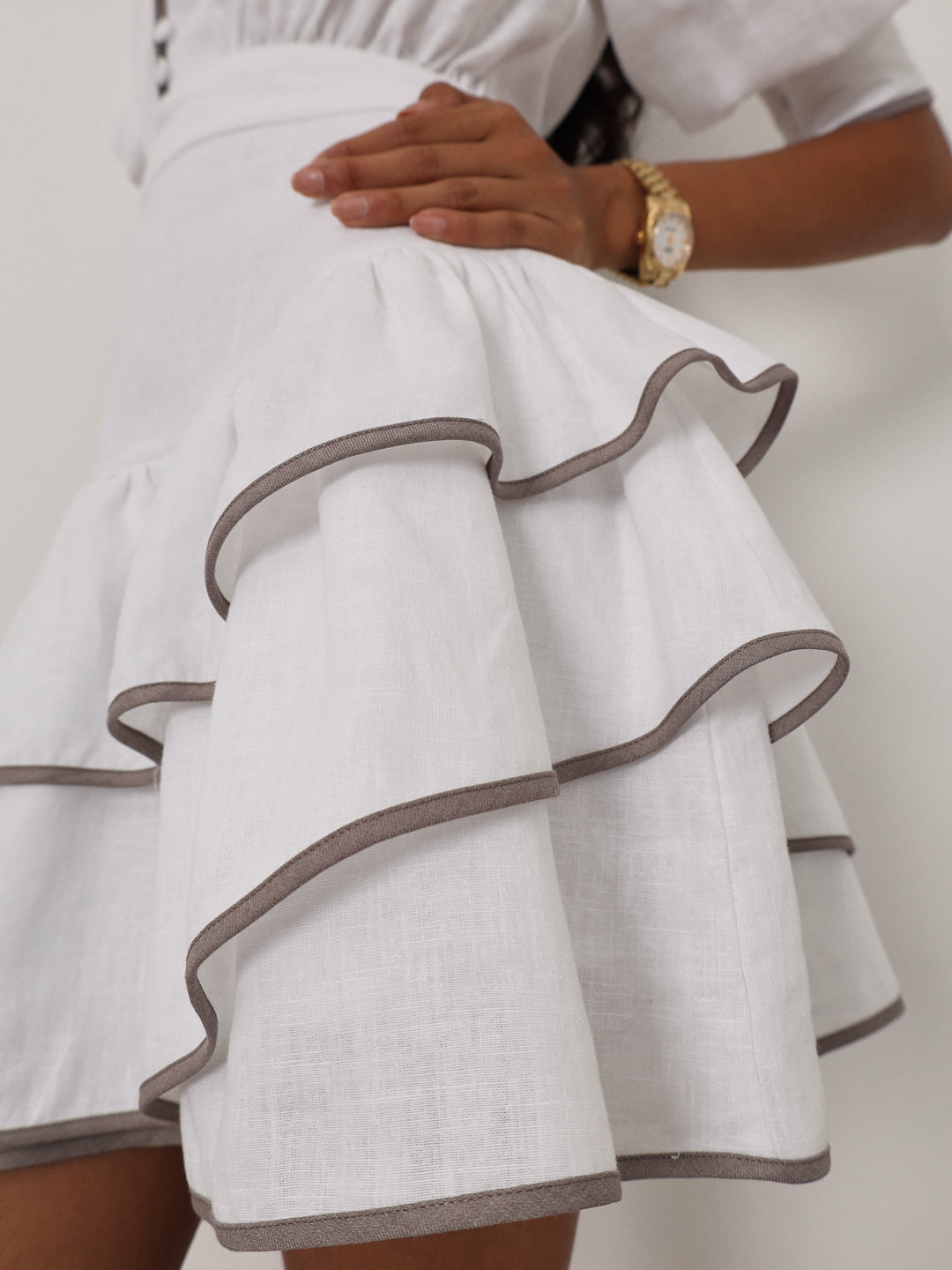 Cassidy Luxe Frill Dress | White/Taupe