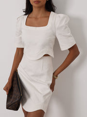Clara Wave Denim Skirt | White