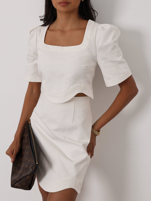 Clara Wave Denim Skirt | White